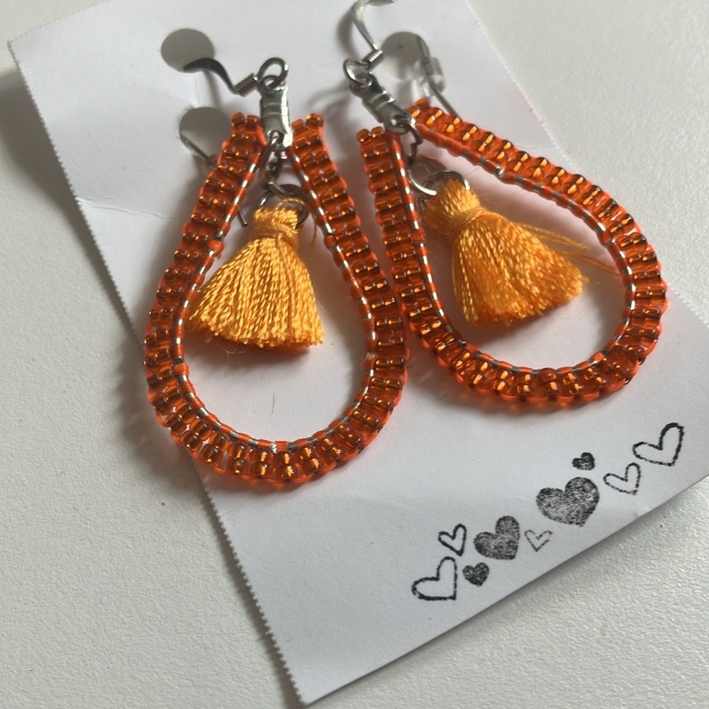 Earrings handmade Beaded with tassel orange